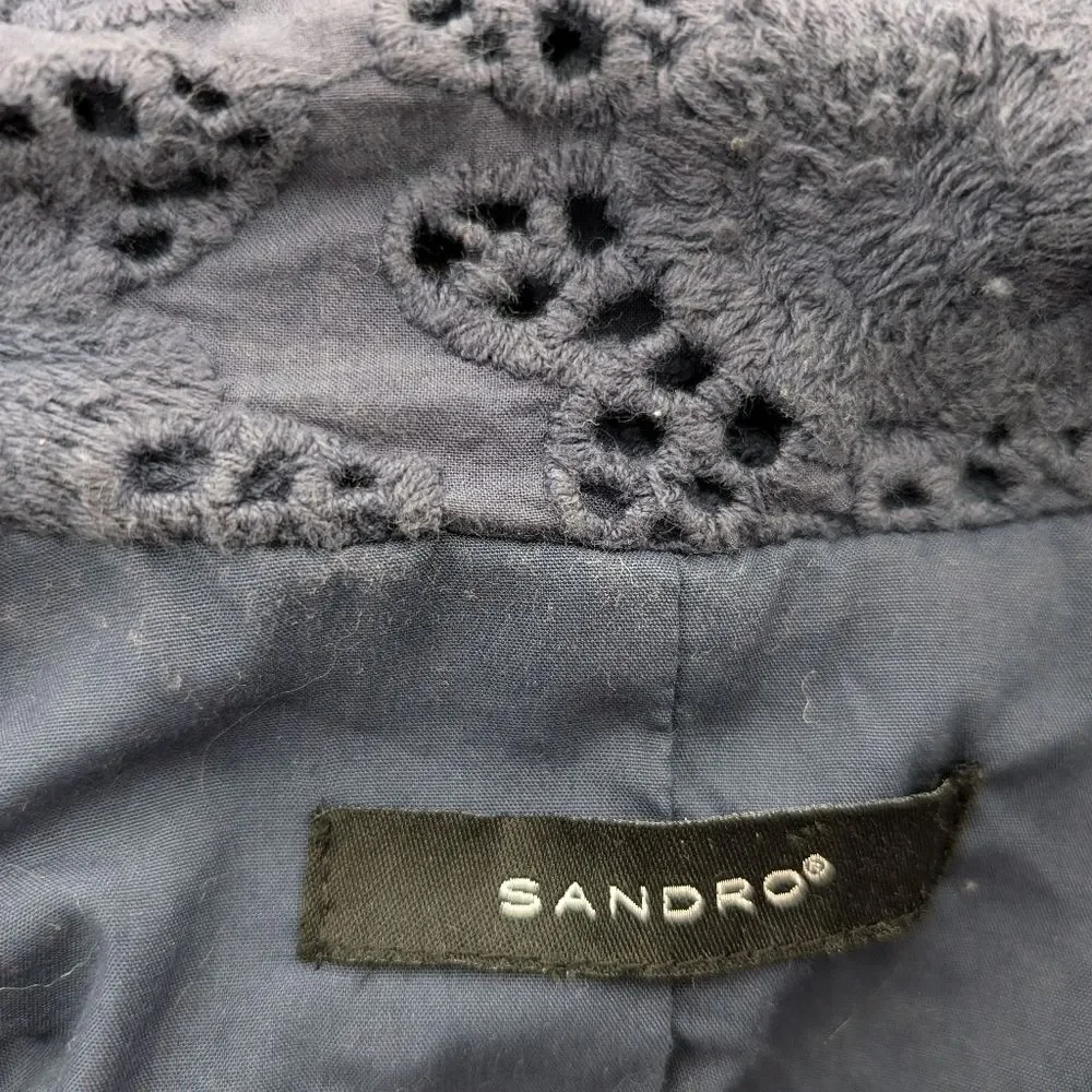 - Sandro navy Cotton eyelet embroidered Cropped blazer size S 3/4 sleeves - Picture 6 of 7